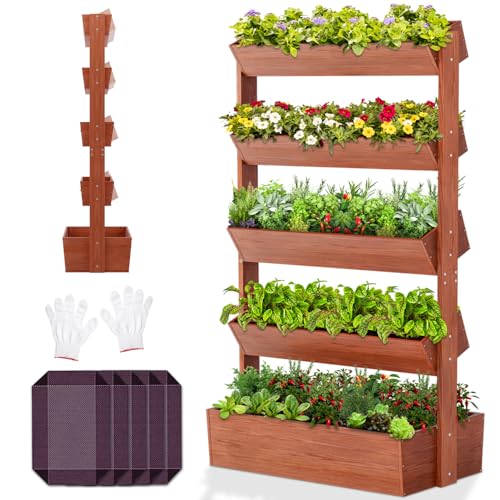 SUNYRISY Holz Hochbeet mit 5 Etagen Premium Blumenkasten, Verstellbarer Winkel Vertikalbeet Blumentreppe Pflanztreppen Gemüsebeet Kräuterbeet für Balkon Garten Terrasse Dekoration von SUNYRISY