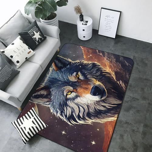 SUNYUHUI Wolf Teppich Wölfe Teppiche für Wohnzimmer Schlafzimmer Tier Teppich Wald Schnee Nachthimmel Mond Wölfe Muster von SUNYUHUI