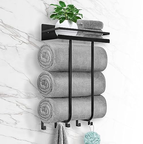 SUNZOS Handtuchhalter für Badezimmer, Handtuchhalter Wandmontage mit Metallregal und 5 Haken für kleines Badezimmer, Handtuchhalter für Badezimmer, Badetuchaufbewahrung für gerollte Handtücher von SUNZOS
