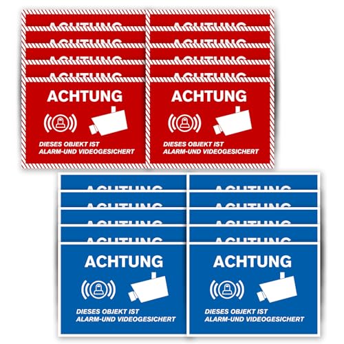 20 Stück Achtung dieses Objekts ist alarm- und videogesichert dieser Bereich ist videoüberwacht in A6 14.8 x 10.5 cm Aufkleber mit UV-Schutz für den Innen- und Außenbereich von SUOLAREN