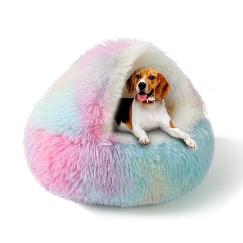 SUOXU Beruhigendes kleines Hundebett, großes Katzenbett, warmes, kuscheliges Plüsch-Winterbett für Hunde, rutschfeste Unterseite, maschinenwaschbar, Anti-Angst-Haustier-Sofa mit Kapuze für Katzen von SUOXU