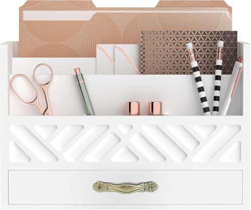 SUPEASY Holz Schreibtisch Organizer mit Schublade, Büro Schreibtisch Zubehör, Countertop Mail und Bill Halter, Desktop Organizer für Haus und Büro (Weiß) von SUPEASY