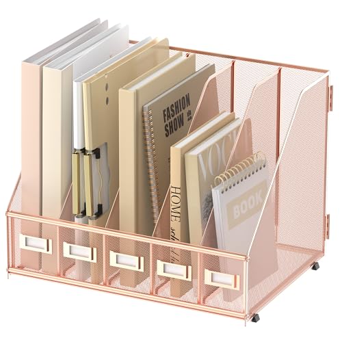 SUPEASY Schreibtisch-Organizer aus Metall, Zeitschriftenhalter mit 5 vertikalen Fächern, Organizer für Büro, Schreibtisch, Heimarbeitsplatz, Roségold von SUPEASY