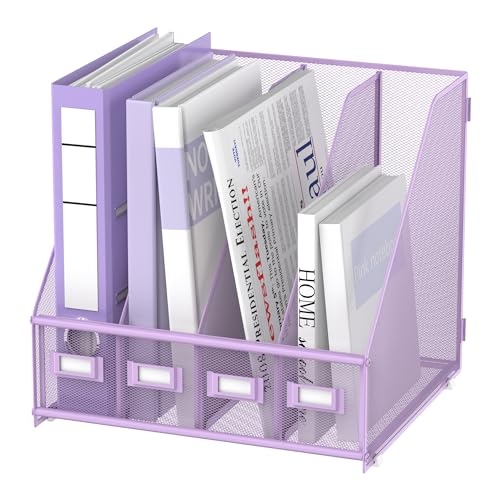SUPEASY Zeitschriftensammler Schreibtisch Organizer, Metall Binder Halter mit 4 vertikalen Fächern für Büro Zuhause Schule Lila von SUPEASY
