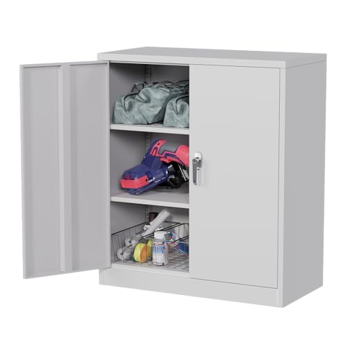 SUPEER 106cm H Aktenschrank,Metallschrank mit 2 höhenverstellbaren Fachböden,Stahlblech Pulverbeschichtung,Stahlschrank für Werkzeuge,Garage 106 x91 x 46cm（grau） von SUPEER