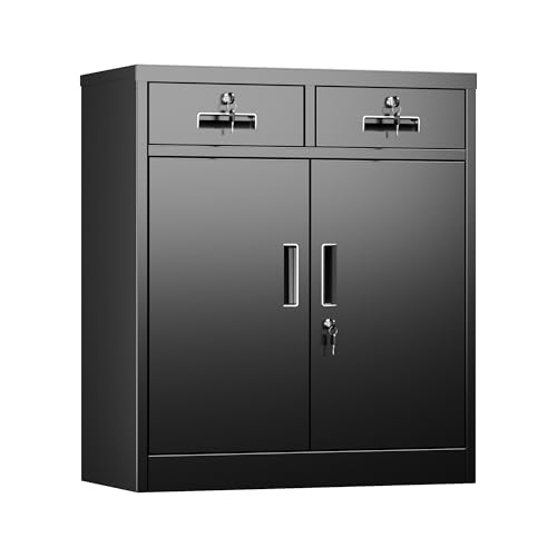 SUPEER Aktenschrank,Metallschrank mit 2 SchubladenLagerschränke,Stahlblech Pulverbeschichtung,Stahlschrank für Werkzeuge, Büro,92 x 80 x 40 cm（Schwarz） von SUPEER