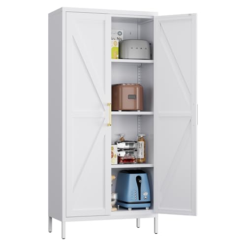SUPEER Metallschrank,Mehrzweckschrank Stehschrank mit 3 verstellbaren Regalen, Küchenschrank Beistellschrank Buffetschrank für Wohnzimmer Flur 155 x 75 x 35 cm(Weiß) von SUPEER