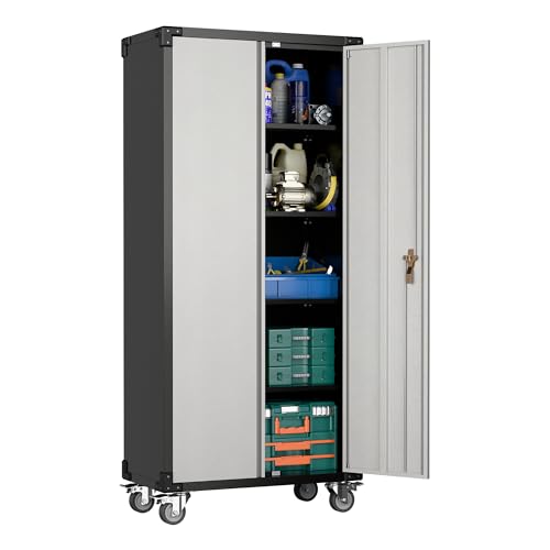 SUPEER Metallschrank mit Abschließbare Räder und 4 höhenverstellbaren Fachböden,Stahlblech Pulverbeschichtung,Stahlschrank Abschließbar für Werkzeuge,Garage183 x 80 x 40 cm（Silbergrau） von SUPEER