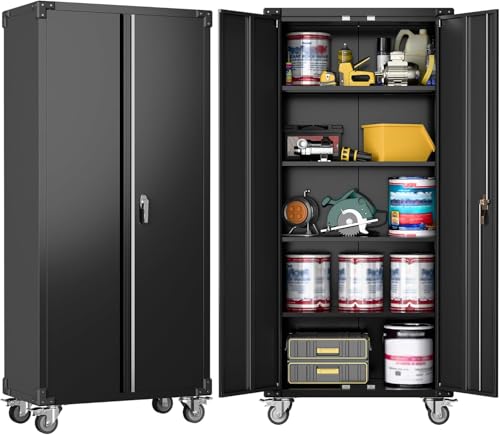 SUPEER Metallschrank mit Abschließbare Räder und 4 höhenverstellbaren Fachböden,Stahlblech Pulverbeschichtung,Stahlschrank Abschließbar für Werkzeuge,Garage183 x 80 x 40 cm（schwarz） von SUPEER