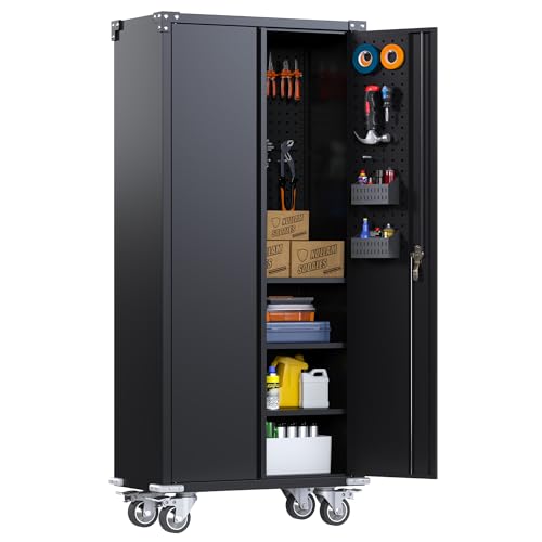 SUPEER Metallschrank mit Pegboard und Abschließbare Räder, 4 höhenverstellbaren Fachböden,Stahlblech Pulverbeschichtung,Stahlschrank Abschließbar für Werkzeuge,Garage180 x 80 x 40 cm（Schwarz） von SUPEER