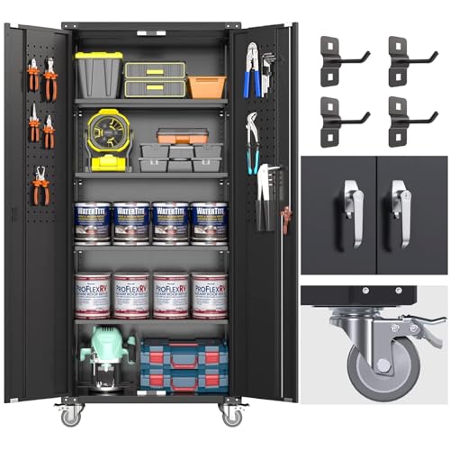 SUPEER Metallschrank mit Pegboard und Abschließbare Räder, 4 höhenverstellbaren Fachböden,Stahlblech Pulverbeschichtung,Stahlschrank Abschließbar für Werkzeuge,Garage183 x 80 x 40 cm（schwarz） von SUPEER