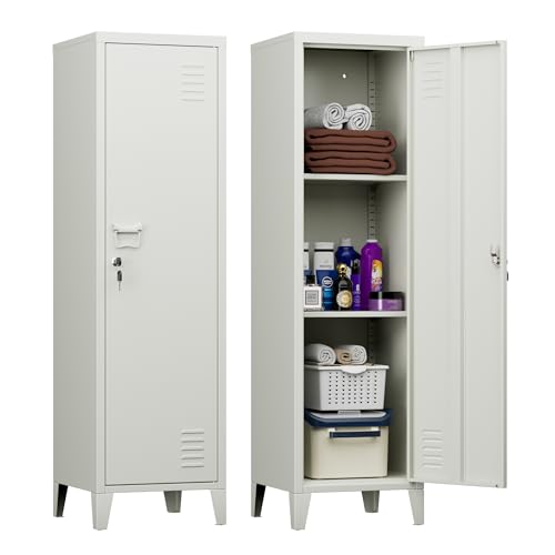 SUPEER Metallspind mit 2 höhenverstellbaren Ablagen,Abschließbarer Einzelschrank 135x38x38cm, Schließfachschrank aus Metall für Garderobe, Schule, Büro,Familie(hellgrau) von SUPEER