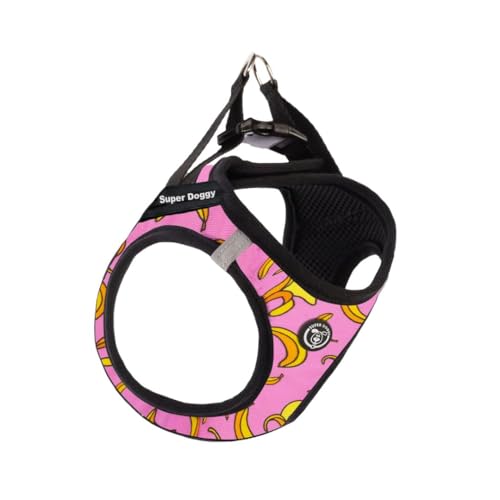 SUPER DOGGY Personalisierbares Hundegeschirr – Für Kleine und Mittelgroße Hunde – Inklusive 2 Namensetiketten – Reflektierendes und Sicheres Hundegeschirr – Anti-Zug und Verstellbar (Pink Bananas, M) von SUPER DOGGY