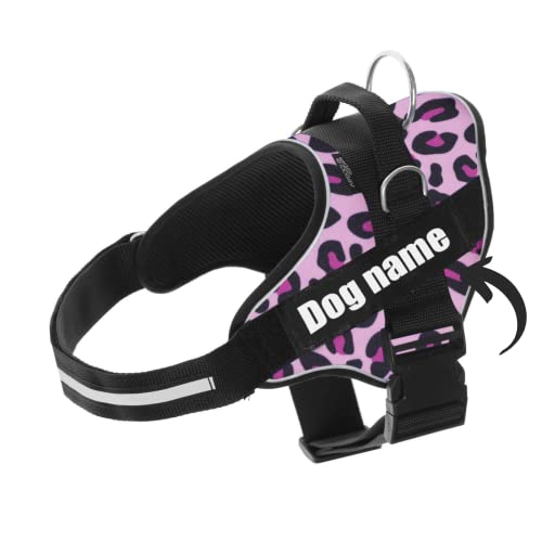 Personalisiertes Hundegeschirr - Reflektierendes und sicheres Hundegeschirr - Brustgeschirr mit 2 Namensschildern - Geschirr für kleine, Mittlere und Große Hunde (Pink Leopard, L 21-32KG) von SUPER DOGGY