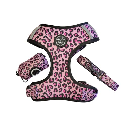 SUPER DOGGY Anti-Pull-Hundegeschirr-Set mit Leine und Beutelspender, atmungsaktives Geschirr für kleine und mittelgroße Hunde, sicheres Hundegeschirr (Pink Leopard, XS (2.5-3.5 KG)) von SUPER DOGGY