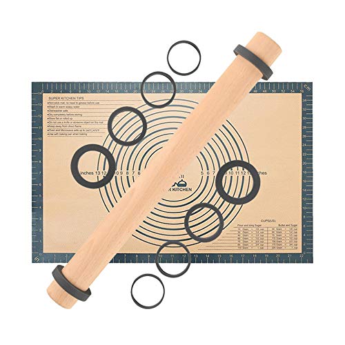 Buchenholz Nudelholz Einstellbares Teigroller, Fondant Rolling Pin Teigrolle mit Distanz-Scheiben in 5 Größen, Backmatte Silikon Backunterlage 60 x 40 cm Ausrollmatte Silikonmatte Teigunterlage Grau Buchenholz Nudelholz Einstellbares Teigroller, Fondant Rolling Pin Teigrolle mit Distanz-Scheiben in 5 Größen, Backmatte Silikon Backunterlage 60 x 40 cm Ausrollmatte Silikonmatte Teigunterlage Grau von SUPER KITCHEN
