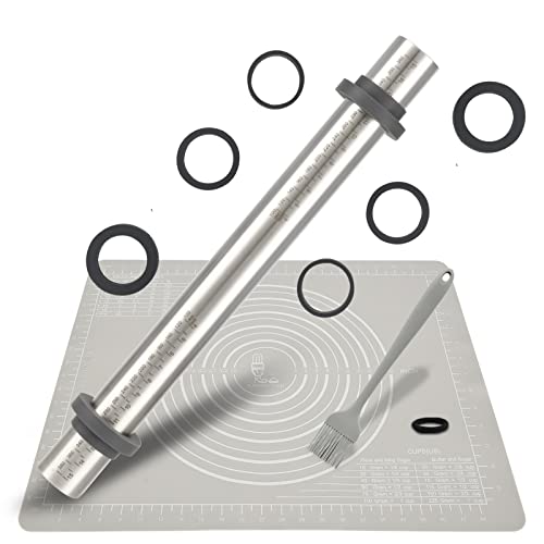 Edelstahl Teigroller Nudelholz mit Dicke-Verstellbares Ringe, Antihaft Teigrolle Backzubehör, Backmatte Silikon Backunterlage 50x40cm Ausrollmatte Silikonmatte Teig unterlage für Fondant Pizza Grau Edelstahl Teigroller Nudelholz mit Dicke-Verstellbares Ringe, Antihaft Teigrolle Backzubehör, Backmatte Silikon Backunterlage 50x40cm Ausrollmatte Silikonmatte Teig unterlage für Fondant Pizza Grau von SUPER KITCHEN