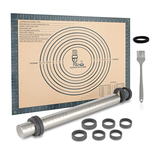Nudelholz Edelstahl Teigroller mit Dicke-Verstellbares Ringe, Antihaft Teigrolle Rolling Pin, Backunterlage Silikon Backmatte 50x40cm Ausrollmatte Teigmatte Silikonmatte Teigunterlage für Fondant Grau Nudelholz Edelstahl Teigroller mit Dicke-Verstellbares Ringe, Antihaft Teigrolle Rolling Pin, Backunterlage Silikon Backmatte 50x40cm Ausrollmatte Teigmatte Silikonmatte Teigunterlage für Fondant Grau von SUPER KITCHEN