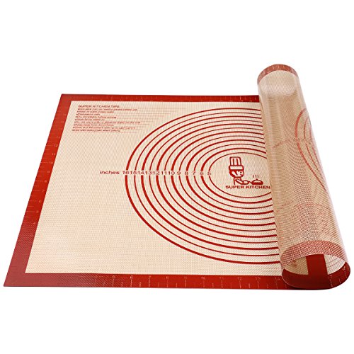 SUPER KITCHEN Antihafte rutschfeste Backunterlage/Backmatte Silikon Groß 71x51cm Ausrollmatte Teigmatte Silikonmatte Backfolie Arbeitsmatte mit Messung für Fondant Gebäck Pizza Matte,BPA Frei (Rot) von SUPER KITCHEN