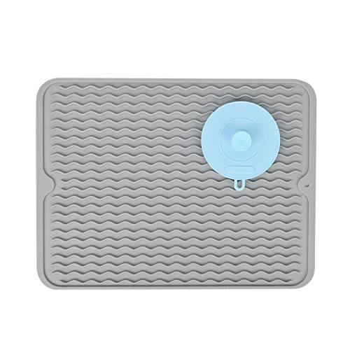 Große Silikon Abtropfmatte mit einer Multifunktionalen Reinigungsbürste für die Arbeitsplatte, Hitzebeständiger Untersetzer,Geschirr Trockenmatte (Grau, 40×30 cm) von SUPER KITCHEN
