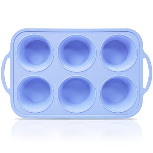 SUPER KITCHEN Jumbo Muffinform Silikon mit Metallverstärktem Rahmen, 6 Tassen Extra Groß Muffin Backform mit Griff, Antihaft Muffinblech Silikon, Bpa Frei Muffin Silikonform, Cupcake Form Blau von SUPER KITCHEN