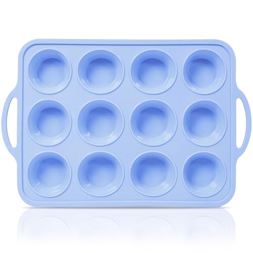 SUPER KITCHEN Muffinform Silikon mit Metallverstärktem Rahmen für 12 Muffins, Standardgröße Muffin Backform mit Griff, Antihaft Muffinblech Silikon, Cupcake Form Groß, Blau von SUPER KITCHEN