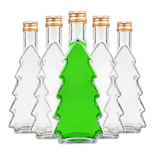 SUPERBUTELKI.PL Glasflaschen Weihnachtsbaum 250 ml - Flaschen Weihnachten - Leere Flaschen mit Tinkturen, Likör 5 Stücke - Glass bottle Mit Korken - Glasflasche zum Befüllen von SUPERBUTELKI.PL