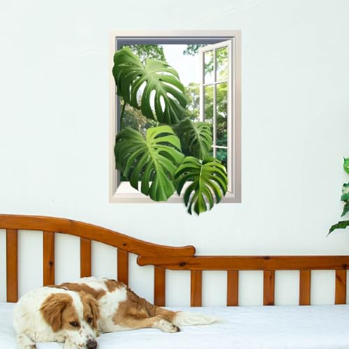 SUPERDANT 3D Fenster Wandsticker 3D Monstera Blätter Wandaufkleber Grüne Pflanzen Dschungelansicht Wandtattoo Vinyl Wandsticker Für Zuhause Wohnzimmer Schlafzimmer Badezimmerdekoration von SUPERDANT