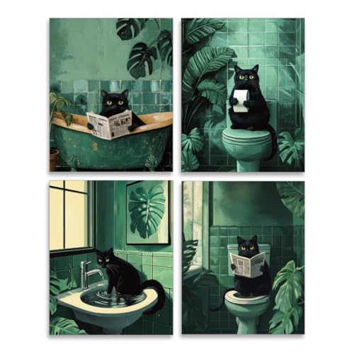SUPERDANT 4 x Wanddrucke Mit Schwarzer Katze Im Badezimmer Vintage Wandkunst Poster Mit Katze Die Zeitung Liest Wandposter Drucke Für Wände Für Badezimmer Ästhetische Poster Für Toiletten Ungerahmt von SUPERDANT