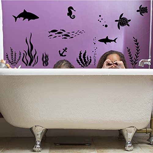 SUPERDANT 45 Stück Schwarz Sea Life Aufkleber Meerestiere Silhouetten Aufkleber Hai Wal Meereslebewesen Fisch Qualle Aufkleber Vinyl DIY Art Decor Für Badezimmer Kinderzimmer Heimdekoration von SUPERDANT