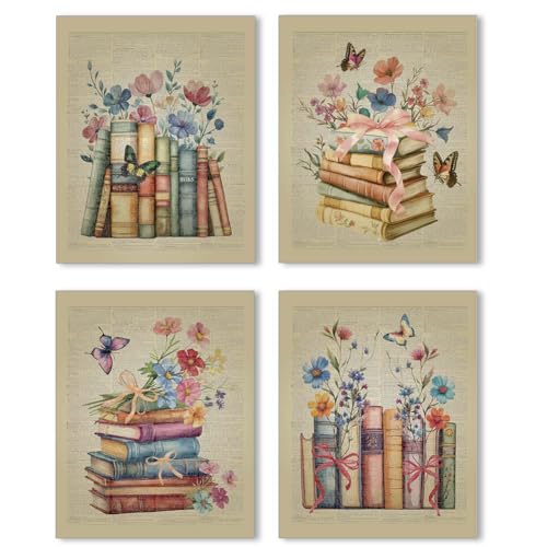 SUPERDANT 4PCS Blumen Bücher und Schmetterlinge Wanddrucke Vintage Wandkunst Poster Maximalist Karton Dekor Nachtlandschaft Dorm Dekor für Schlafzimmer Ästhetische Kunstwerke für Lesesaal Ungerahmt von SUPERDANT