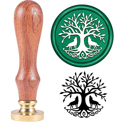 SUPERDANT Baum des Lebens Wachssiegelstempel 2 Heulender Wolf Unter Baum Wachsstempel 30 mm Siegelstempel Mit Abnehmbarem Messingkopf Holzgriff Für Party Hochzeitseinladung Grußkarte von SUPERDANT