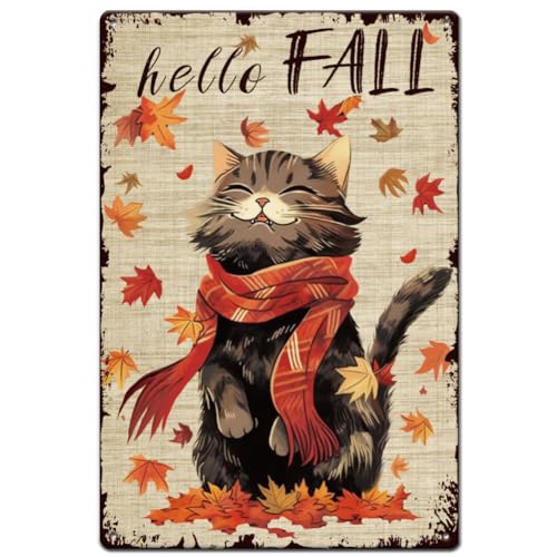 SUPERDANT Blechschild Mit Katze Und Schal Hello Fall Blechschilder Spätherbst Ahornblätter Metallschild Vintage Metallschilder Für Zuhause Wohnzimmer Bauernhaus Garage Kaffeebar Männerhöhle Dekoration von SUPERDANT