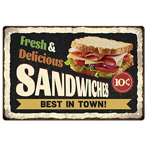 SUPERDANT Fresh & Delicious Sandwiches Best In Town Vintage Blechschilder Fast Food Blechschild Lustige Wandkunst Malerei Eisendekor Für Sandwich Shop Outdoor Camping Dekoration von SUPERDANT