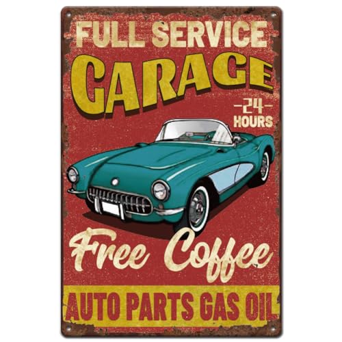 SUPERDANT Metallschild Full Service Garage Blechschild Für Garage Vintage Schild Deko 24 7 Auto Service Teile Reparaturen Getränkfreier Kaffee Retro Blechschild Retro Für Cafés Bars von SUPERDANT