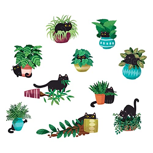 SUPERDANT Grüne Topfpflanze Wanddekoration Kaktus Entfernbare Wandaufkleber Dekoration Niedliche Schwarze Katze Und Tropische Bonsai-Blumen Wandkunst DIY-Kunst PVC-Wandaufkleber von SUPERDANT