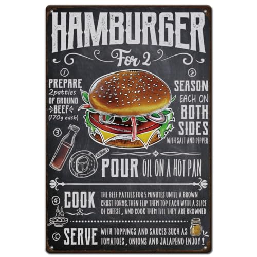SUPERDANT Hamburger Blechschild Anleitung Zur Burgerherstellung Vintage Metallschild Fast Food Schild Küche Eisendekor Bar Restaurant Metallplakette Retro Wandkunst Poster Für Bar Küche von SUPERDANT