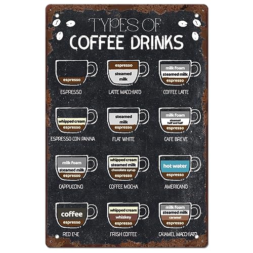 SUPERDANT Kaffee Blechschild Menü Sorten von Coffee Metallschild Kunst Eisen Rustikale Retro Blechschilder Coffee Metallschilder Für Kaffee Bar Schild Getränke Retro Metall Poster Wohnzimmer von SUPERDANT