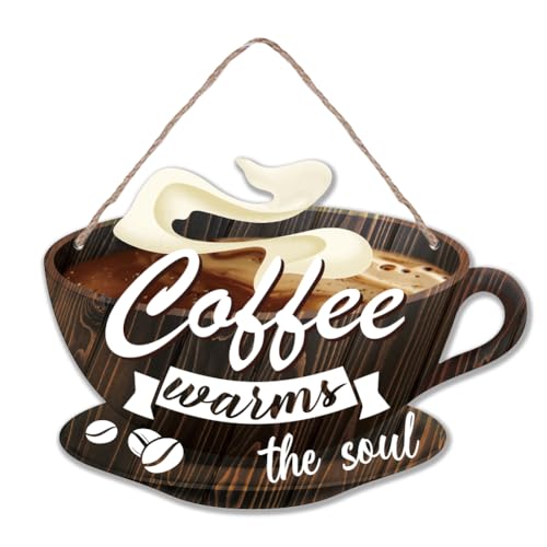 SUPERDANT Kaffeebar Deko Schild Holz Wanddekoration Plakette Bauernhaus Küchendeko Kaffee Wärmt Die Seele Für Kaffeebar Holz Kaffeekultur Schild Für Küche Wohnzimmer Zuhause Wird mit Schnur Hanfseil von SUPERDANT
