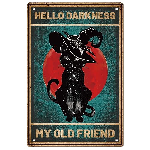 SUPERDANT Katze Hexe Metall Blechschilder Vintage Schwarze Katze Kunst Eisen Halloween Wanddekoration Hallo Dunkelheit Mein Alter Freund Zitate Plakette Retro Schlafzimmer Badezimmer Poster Dekor von SUPERDANT