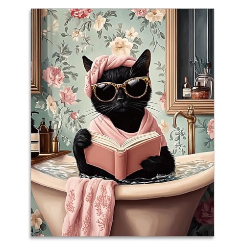 SUPERDANT Kunstdrucke Mit Badender Schwarzer Katze Vintage Poster Mit Schwarzer Katzendame Galerie Wandkunst Gemälde Beschichtetes Papier Wanddekor Für Frauen Wohnheim Badezimmer Wohnzimmer Ungerahmt von SUPERDANT
