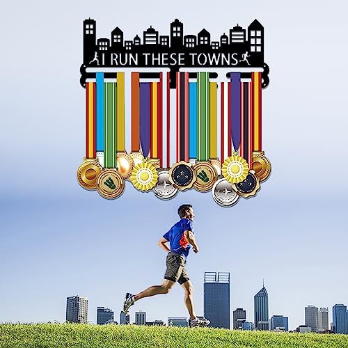 SUPERDANT Lauf Marathon Medaillenhalter 60+ Medaillen Display Motivierendes Wort „I Run These Towns“ Eisen Wandhaken Für Wettkampf Medaillenhalter Display Wandbehang 40x15 cm von SUPERDANT