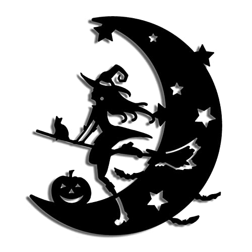 SUPERDANT Halloween Magic Wizard Mond Metall Wandkunst Hexe Fliegender Besen Schwarz Metall Wanddekoration Hexe Und Mond Muster Hängende Elemente Für Schlafzimmer Wohnzimmer Badezimmer Wanddekoration von SUPERDANT