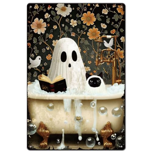 SUPERDANT Blechschild Halloween Geister Und Katze Badewanne Metallschild Retro Blechschilder Geist Des Lesens Dekorative Metallschilder Für Badezimmer ToiletteWohnzimmer Schlafzimmer 30x20cm SUPERDANT Blechschild Halloween Geister Und Katze Badewanne Metallschild Retro Blechschilder Geist Des Lesens Dekorative Metallschilder Für Badezimmer ToiletteWohnzimmer Schlafzimmer 30x20cm von SUPERDANT