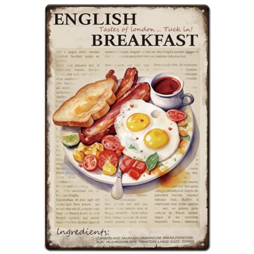 SUPERDANT Metallschild Englisches Frühstück Lustiges Frühstücks Blechschild Vintage Schild Geschmack von London Retro Blechschild Für Zuhause Küchen Restaurants Cafés Bars Wanddekoration Plakette von SUPERDANT