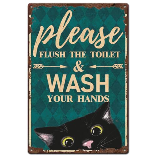 SUPERDANT Metallschild Katzentoilette Spülen Sie Die Toilette Blechschild Vintage Schild Waschen Sie Ihre Hand Badezimmer Retro Deko Eisen Altmodisches Retro Blechschild Für Zuhause Badezimmer von SUPERDANT