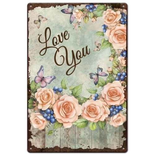 SUPERDANT Blechschild Love You Zum Valentinstag Metallschild Mit Rosen Und Schmetterlingen Retro Blechschilder Metallschilder Für Schlafzimmer Wohnzimmer Valentinstag Männerhöhle Wanddekor von SUPERDANT