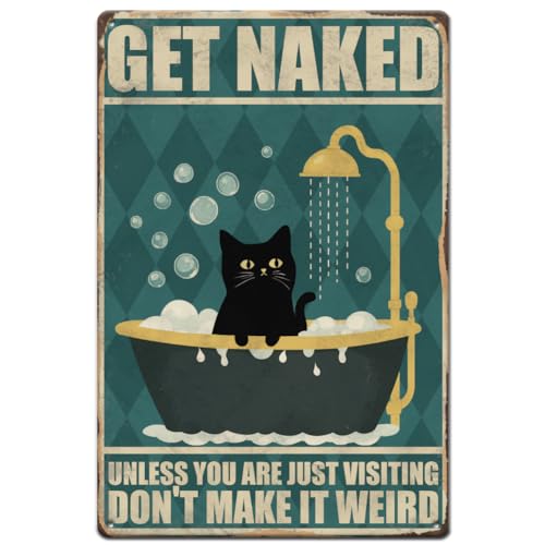 SUPERDANT Metallschild Mit Schwarzer Katze Blechschild Fürs Badezimmer Get Naked Retro Blechschild Mit Schwarzer Katze Badezimmer Lustiges Vintage Schild Metallblechschild Wandkunst von SUPERDANT