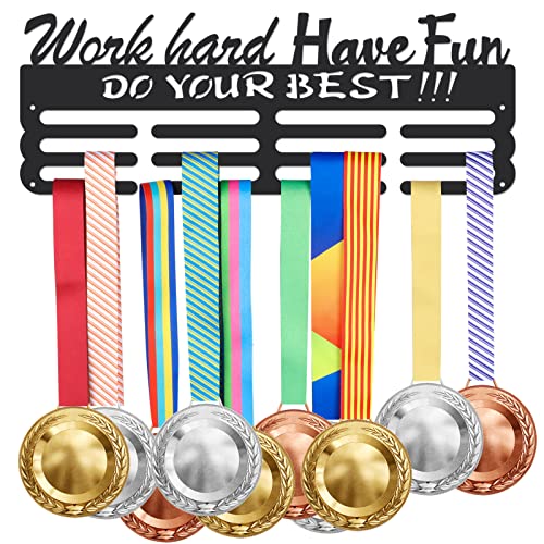 SUPERDANT Motivationstext Medaillenständer Work Hard Have Fun Do Your Best Medaillenaufhänger Eisenhaken Zur Wandmontage Für 60+ Medaillen Trophäenhalter Auszeichnungen Bandhalter Display von SUPERDANT