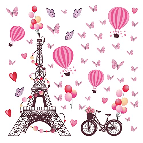 SUPERDANT Rosa Eiffelturm Wandaufkleber Romagainstk Paris Wandaufkleber Wasserdichter Schmetterling Hintergrund Ballon Dekore Blumen Fahrrad Vinyl Aufkleber Für Mädchen Schlafzimmer Badezimmer von SUPERDANT
